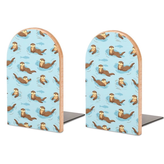 Cute Ocean Otters Wood Book Ends for Shelves Non-Skid Book Holders Heavy Duty Book Stand Support for Books and Movies