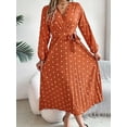 thumbnail image 2 of Women'S Polka Dot Wrap V Neck Belt Long Sleeve Pleated Maxi Dress Flowy Casual Long Dress Orange Color L, 2 of 8