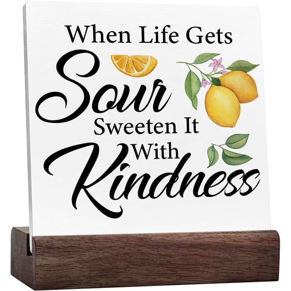 Lemon Ceramic Table Sign House Decor When Life Gets Sour Sweeten It With Kindness Square Wood Sign Desk Decoration Summer Wood Block Tiered Tray Box Sign for Shelf Home