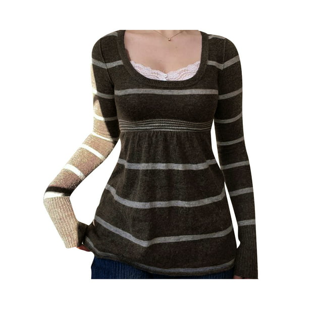 Women Knitwear Tops Long Sleeve U-neck Stripe Printed Pattern Loose Hem  Shirt Pullover