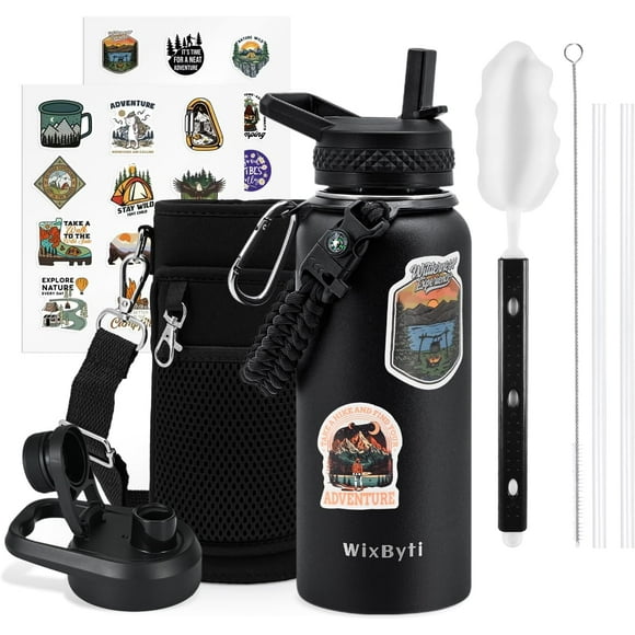 UTAH-32 oz Insulated Water Bottle with Straw (Cold for 48 Hrs), Stainless Steel Triple Wall Vacuum Sports Water Jug, Leakproof Hydro Cup Flask with Paracord Handle & Straw Spout Lids & DIY Stickers