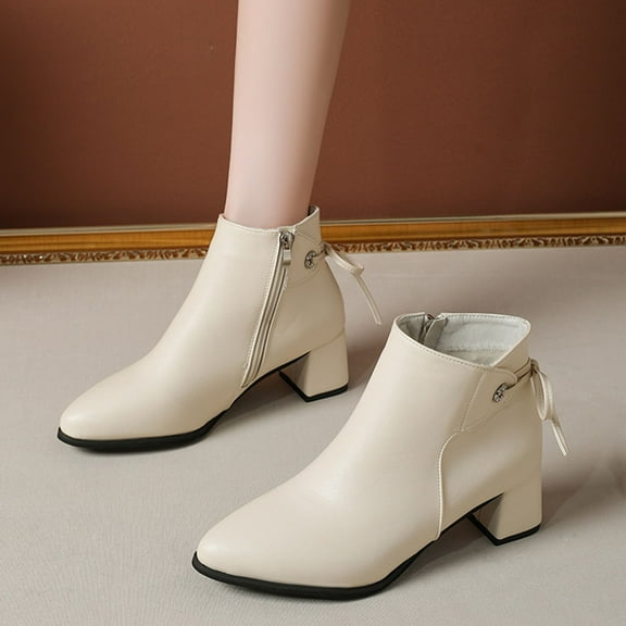 PiGOGI Women's Pointed Toe Ankle Boots for Women Mid Heel Decorative Bow Back Faux Leather Lace Up Casual Winter Shoes White 41