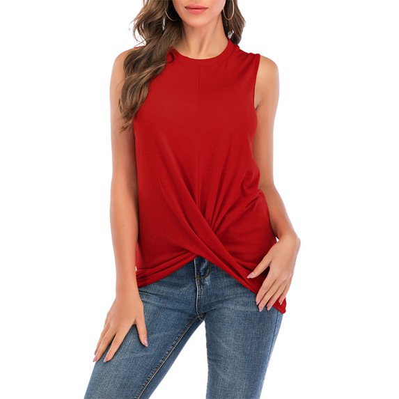 UKAP Women Comfy Casual Undershirts Sweat Shirts Twist Knot Blouse Tops Classic-Fit Sleeveless T Shirts Red M(US 8-10)