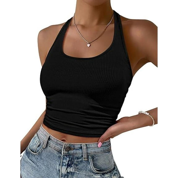 YHRY Women Halter Top Backless Scroop Neck Slim Stretchy Ribbed Knit Camisole Crop Tops M