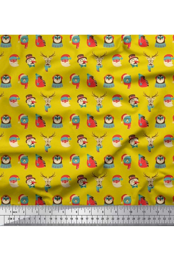 Yellow Rayon Fabric Animal Face,Cap & Muffler Winter Theme Printed Fabric 1 Yard 56 Inch Wide