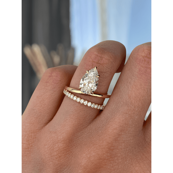 ESTE ORIGIN 2.00Ct Pear Cut Lab-Grown Diamond Double Band Engagenebt Ring – 5 Claw Solitaire, Half Pavé in 10K White Gold for Women US 5