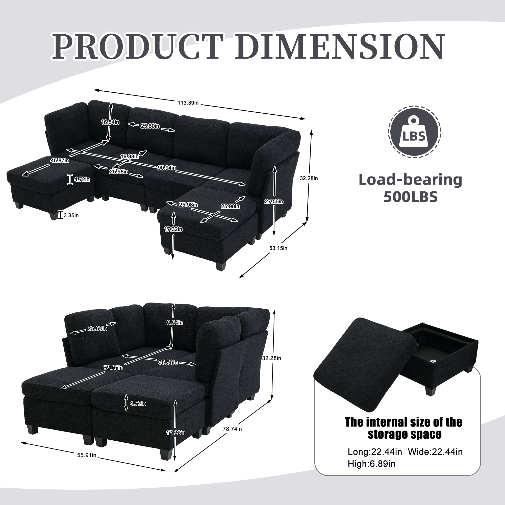 MOONMISS 6-Seat Polyester Upholstered U-Shaped Modular Storage Sleeper Sectional Sofa with Storage Ottoman-Black
