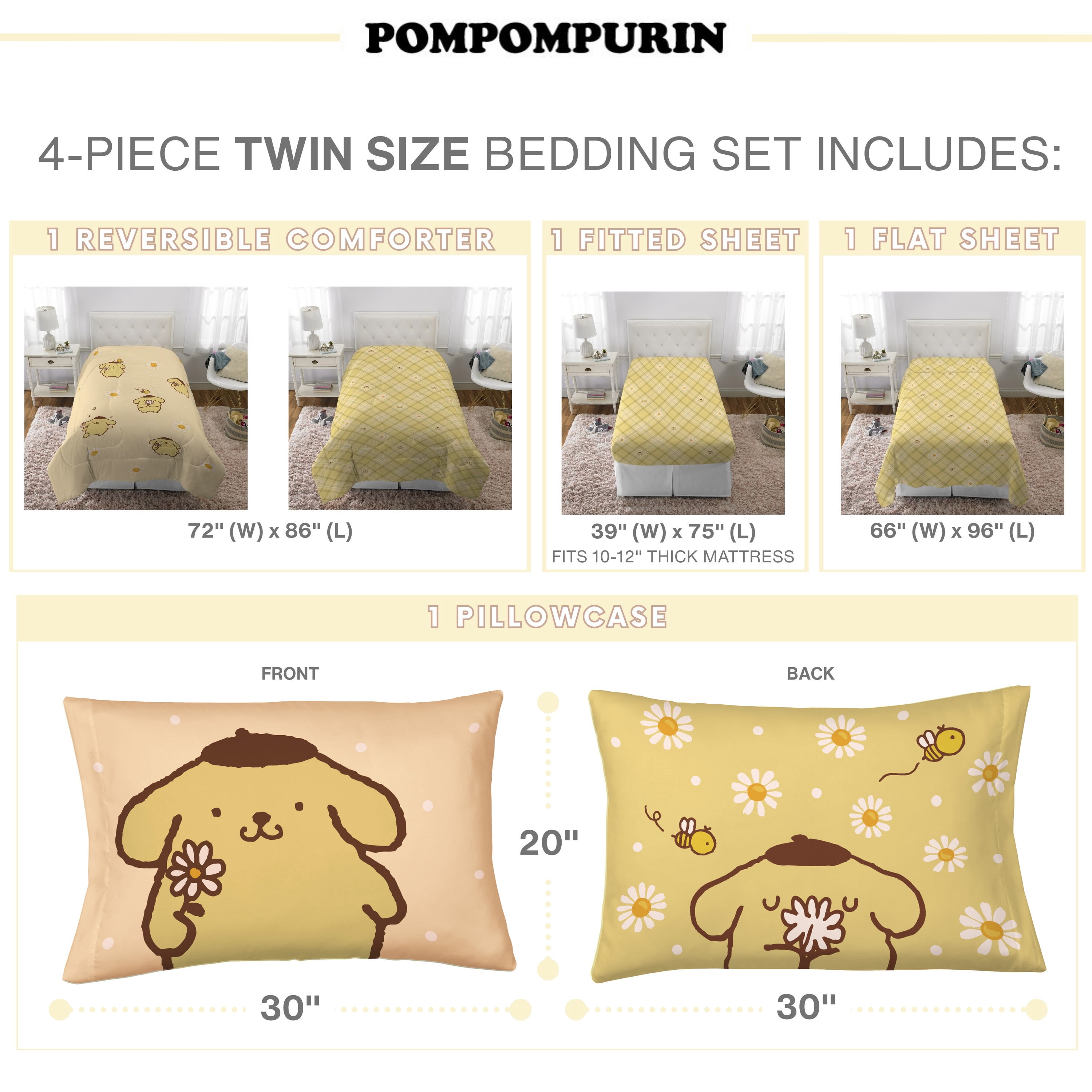 Pompompurin 4 Piece Yellow Gingham Print Reversible Comforter, Pillowcase, and Sheet Set, Twin, Sanrio