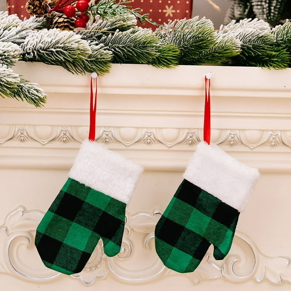 Plaid Mini Mitten Christmas Stockings 6 Pack, Festive Holiday Decor for Tree, Wreath, Mantle - Seasonal Xmas Stocking Ornaments
