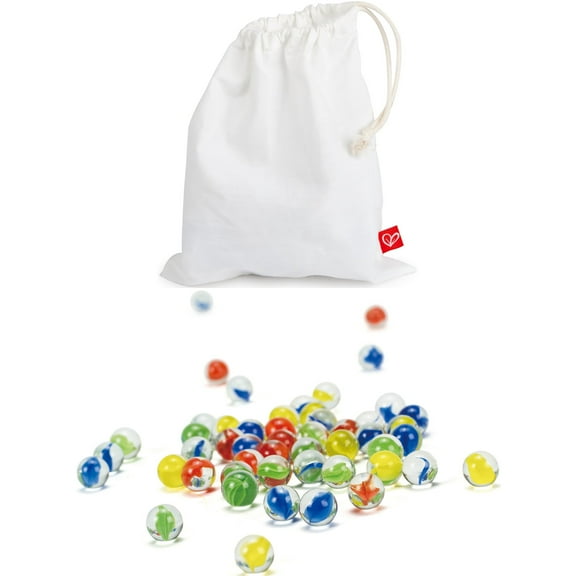 Hape: Quadrilla: Marble Racers - 50 Glass Marbles, 5 Different Colors, Cotton Drawstring Storage Bag, Use With Marble Runs, Multi-Use Toy Accessory