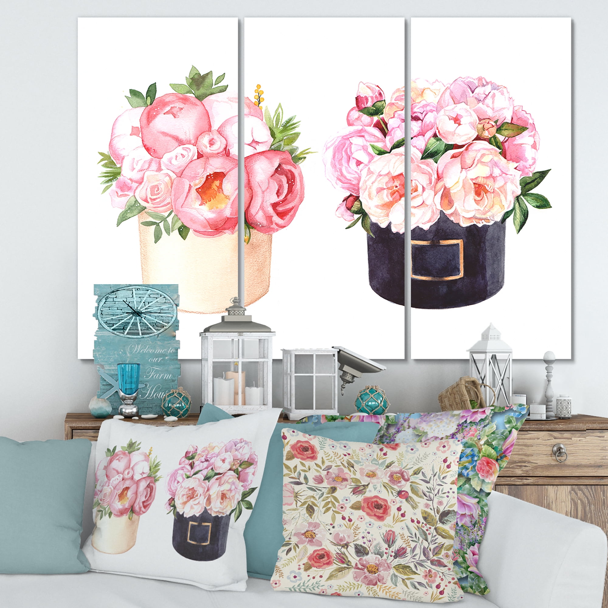 Designart ' Peonies and Rose With Flower Box ' Farmhouse Canvas Wall Art Print