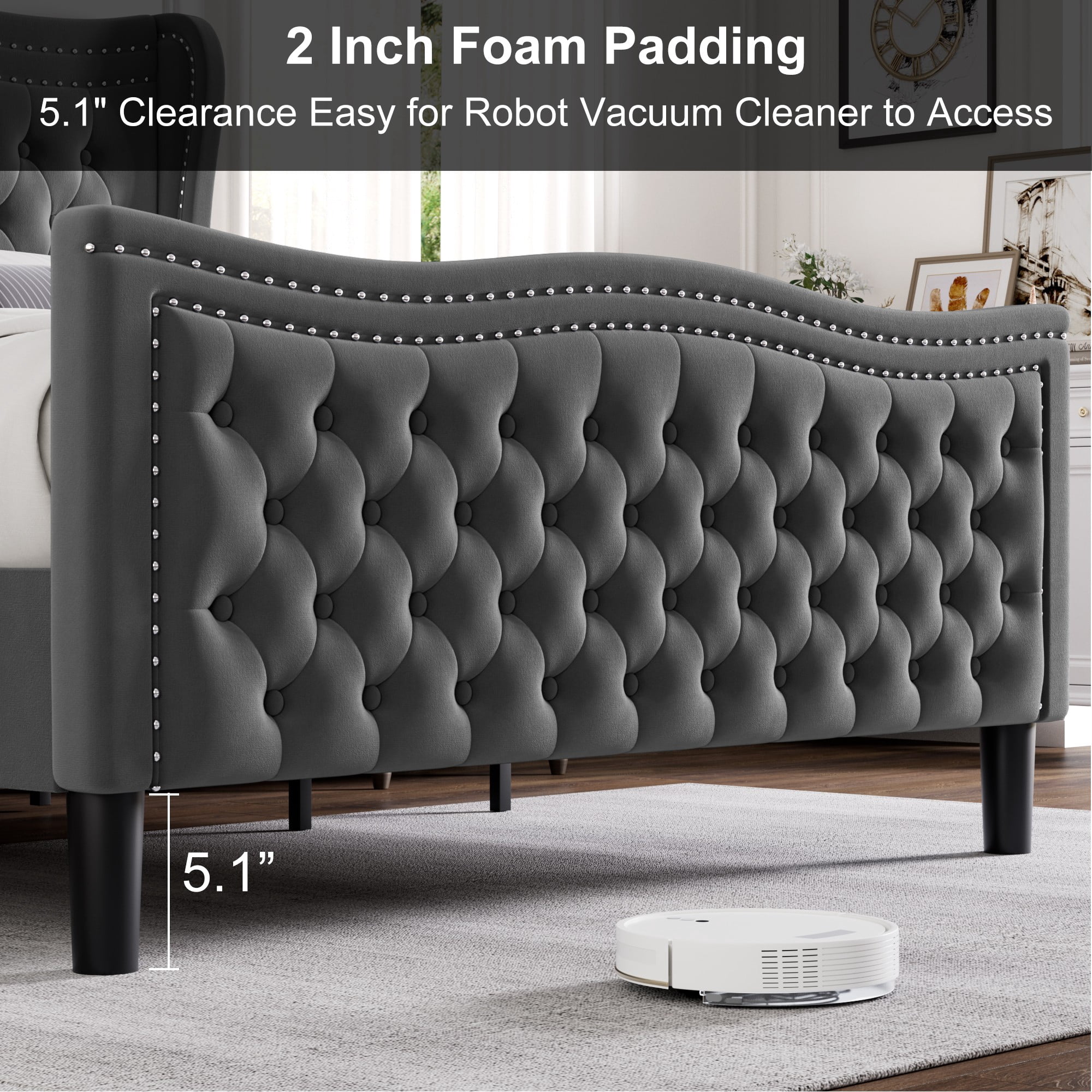 BSHTI Upholstered Queen Size Bed Frame – Diamond Tufted Wingback Headboard, No Box Spring Needed（Grey）
