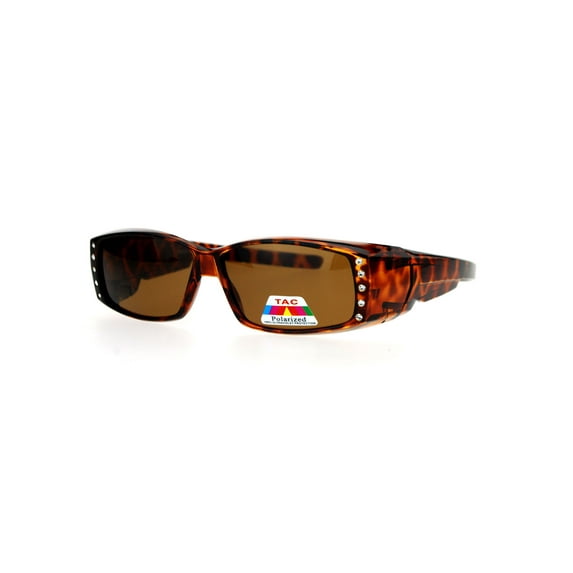 Womens Rhinestone Rectangular Polarized Fit Over Glasses Sunglasses Tortoise Black Tortois Brown