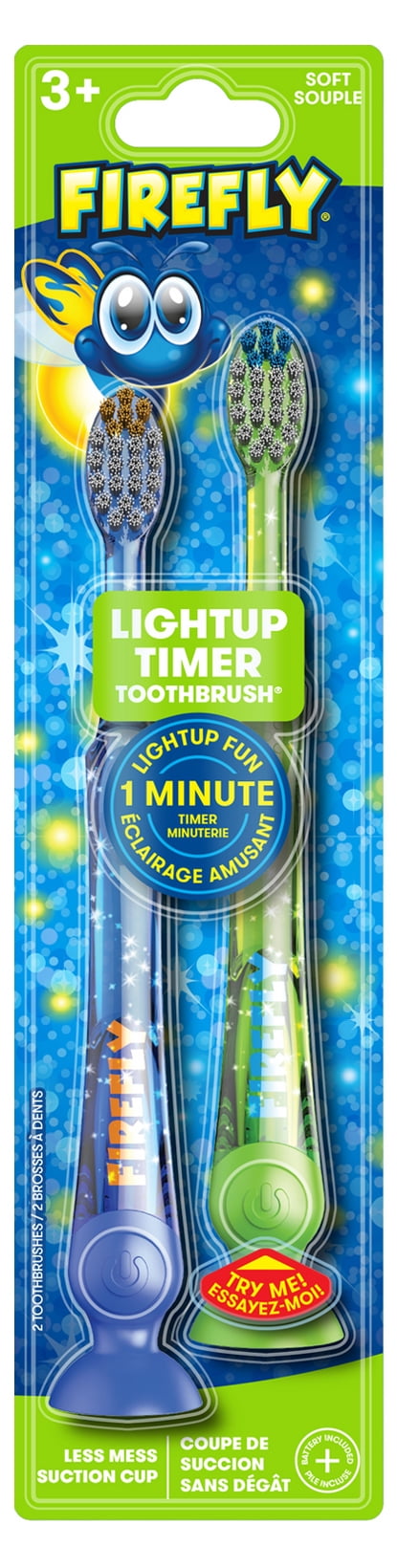 Firefly Light Up Timer Toothbrush, Premium Soft Bristles, 1 Minute Timer, Less Mess Suction Cup, Battery Included, Easy Storage, Dentist Recommended, For Ages 3+, 2 Count (Colors May Vary)