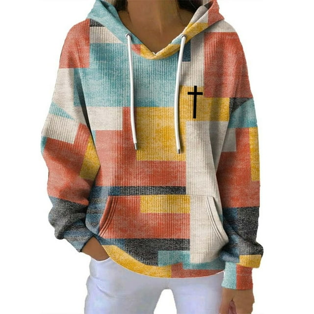 Breezora Modern Check Pattern Printed Hooded Sweatshirt For Women Autumn Winter Casual Wear Comfortable Pullover With Fashion Design XXL Size Yellow