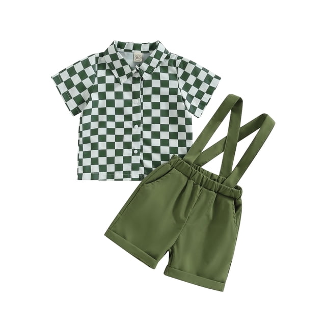 xiaxaixu Vêtements d'Été pour Garçons, Imprimé à Damier, Chemises à Manches Courtes à Col Rabattu, Hauts, Bretelles, Shorts, Ensemble 2 Pcs