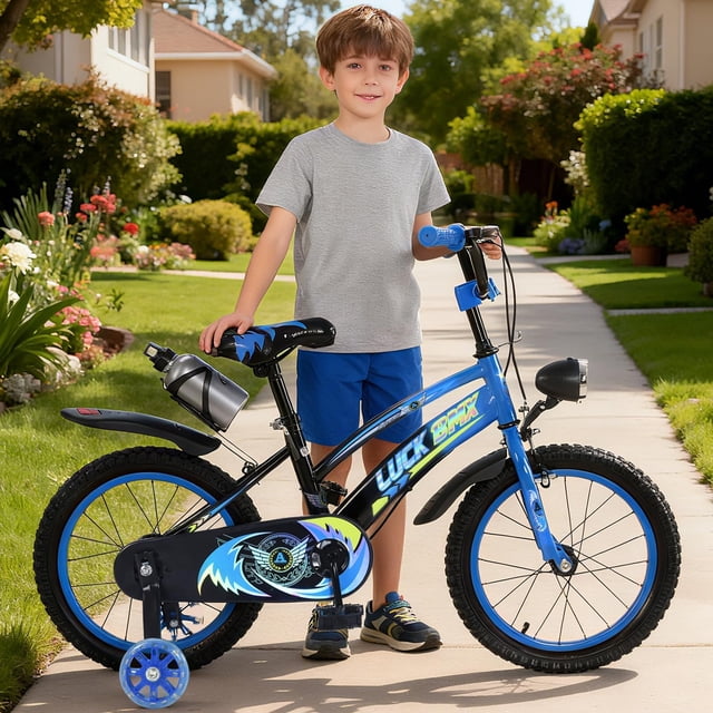Bicicleta para Niños R16, con Adjustable Seat Handbrake, Ruedas de Entrenamiento con Luces, Canasta, Termo, Triciclo de Niños, Bicicleta con 4 Ruedas de 4 a 8 Años (Azul)