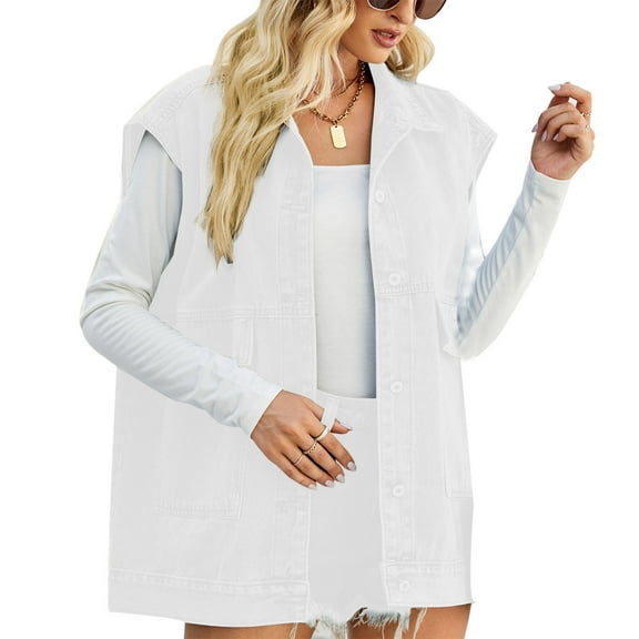 ShomPort Women's Oversized Denim Vest Mid Long Jean Vest Sleeveless Buttons Jackets Fall Fashion Trendy Clothes