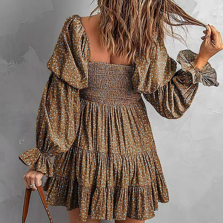 safuny Women's Mini A Line Babydoll Dress Floral Boho Winter Trendy Holiday  Long Sleeve Autumn Dresses Hawaiian Tropics Elegant Beach Tiered Off  Shoulder Coffee XL - Walmart.com