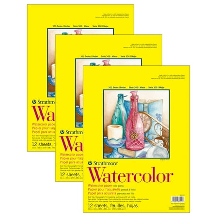 Strathmore 300 Series Watercolor Pad, Cold Pressed, Tape Binding, 12 Sheet, 11x15 inch, Pack of 3