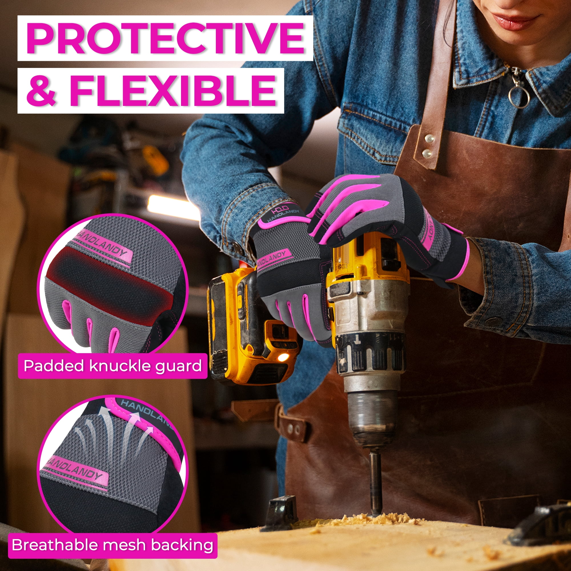 HANDLANDY Utility Work Gloves Women, Thin Mechanic Working Gloves Touch Screen, Pink, Medium