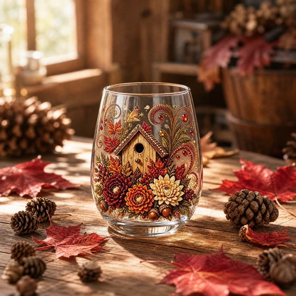Fall Stemless Wine Glasses, Flowers Icon Diamond Art Drinking Glasses, Halloween Wine Glasses for Halloween Party Harvest Gift Decor