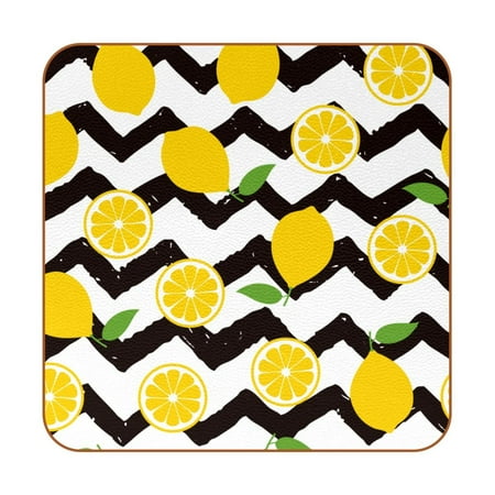 

OWNTA Lemon Black White Wave Pattern Premium 6-Piece Square Coaster Set in Microfiber Leather - Non-Slip & Absorbent Cup Mats