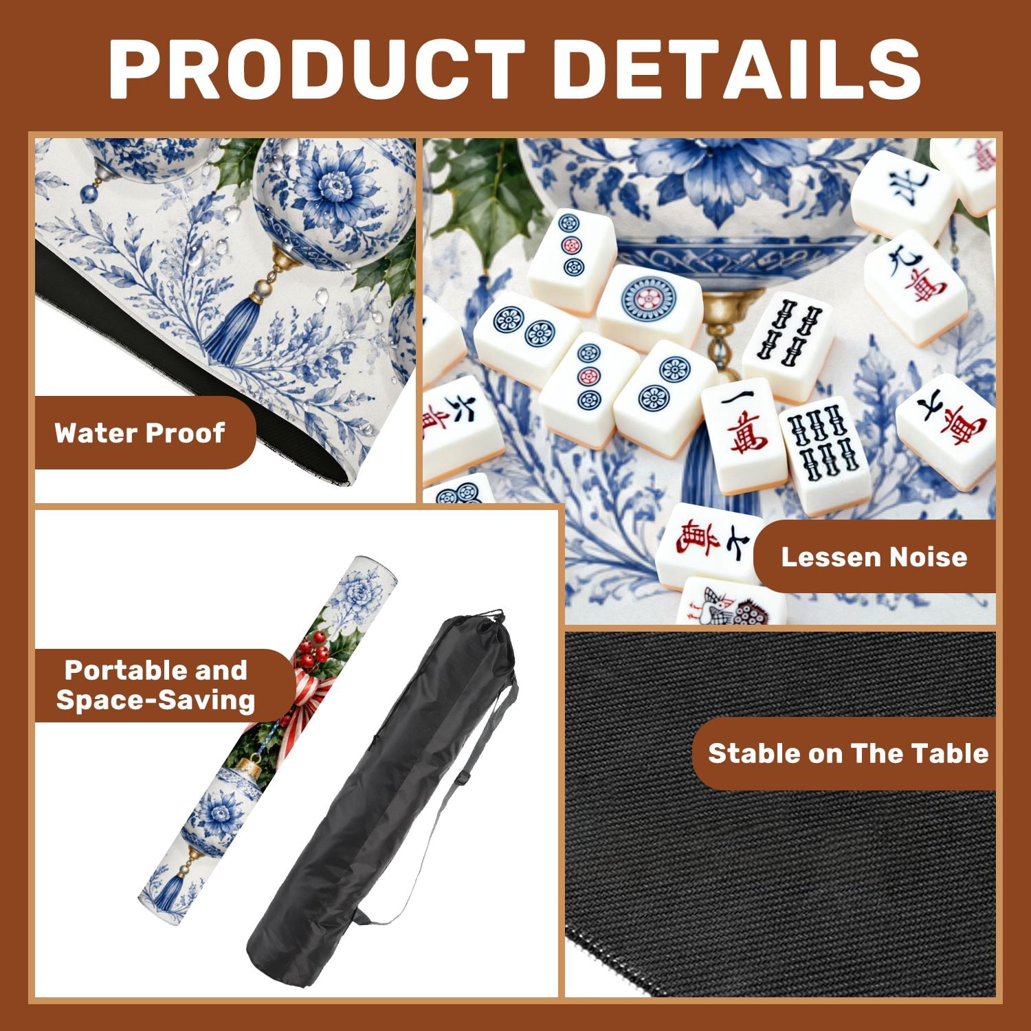 Mahjong Mat 31.5" x 31.5" Christmas Wreath Blue White Porcelain Ornaments Red Ribbon Non-Slip Noise Reduction American Mahjong Tiles Table Cover for Dominoes Poker Card Board Games Gift