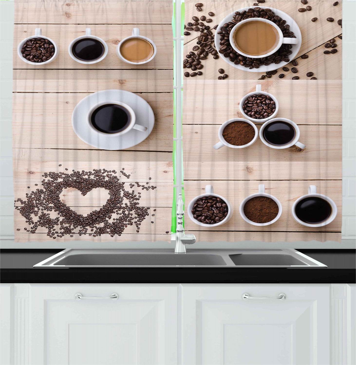 KFUTMD Roman Shades Kitchen Collage of Different Coffee Details on Wooden Table Mugs Beans Organic Concept Brown Black Tan Tie Up Curtains for Windows 23x64 Inch
