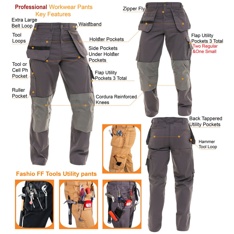 Skylinewears Men cargo pants Workwear Trousers Utility Work Pants with  Cordura Knee Reinforcement Gray W38-L30