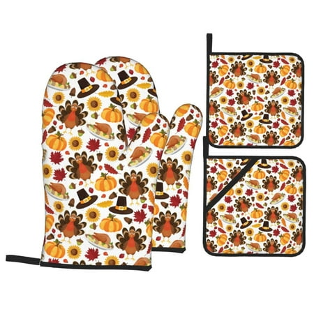 

Oven Mitts and Pot Holders 4 pcs Set turkey hat Pumpkin Heat Resistant Pot Holders Oven Mitts for kitchen Non-Slip Hanging Loop Oven Glove Potholders for Baking Cooking