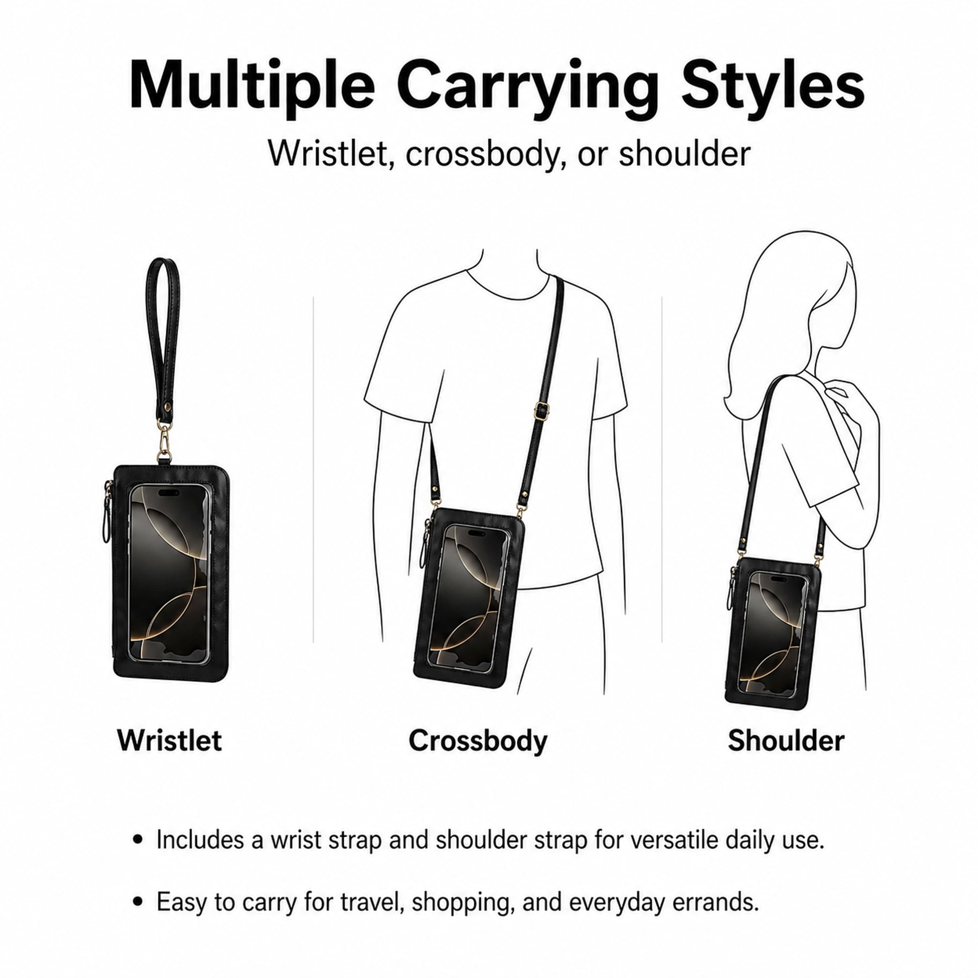 Touch Screen Phone Crossbody Bag, Mini Smartphone Shoulder Pouch with Clear Window Black