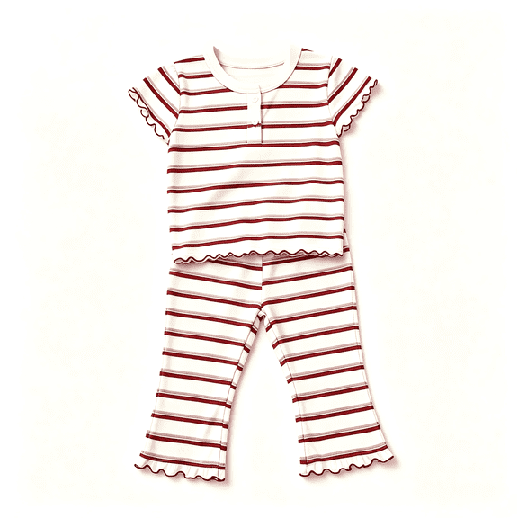 HZLBSE Little girls Striped Short Sleeve Top & Flare Pants Set, Kids 2-Piece Casual Outfit, Cute Ribbed Knit Loungewear for 2-10 Years