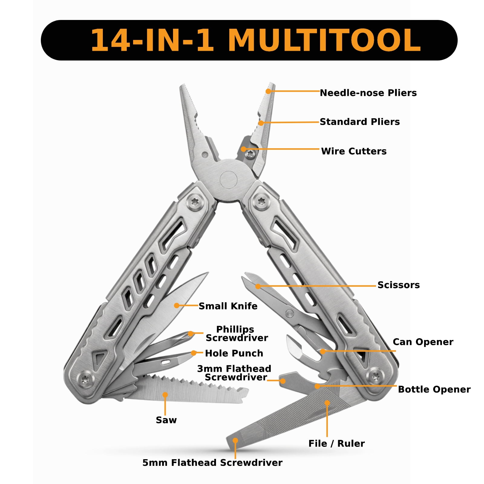 14-in-1 Multitool with Knife -Stainless Steel Multi-Functional EDC Tool  for Men,Ideal Gear with Tools for Camping Hiking,Survival, EDC- Best Gifts for Dad Husband Boyfriend