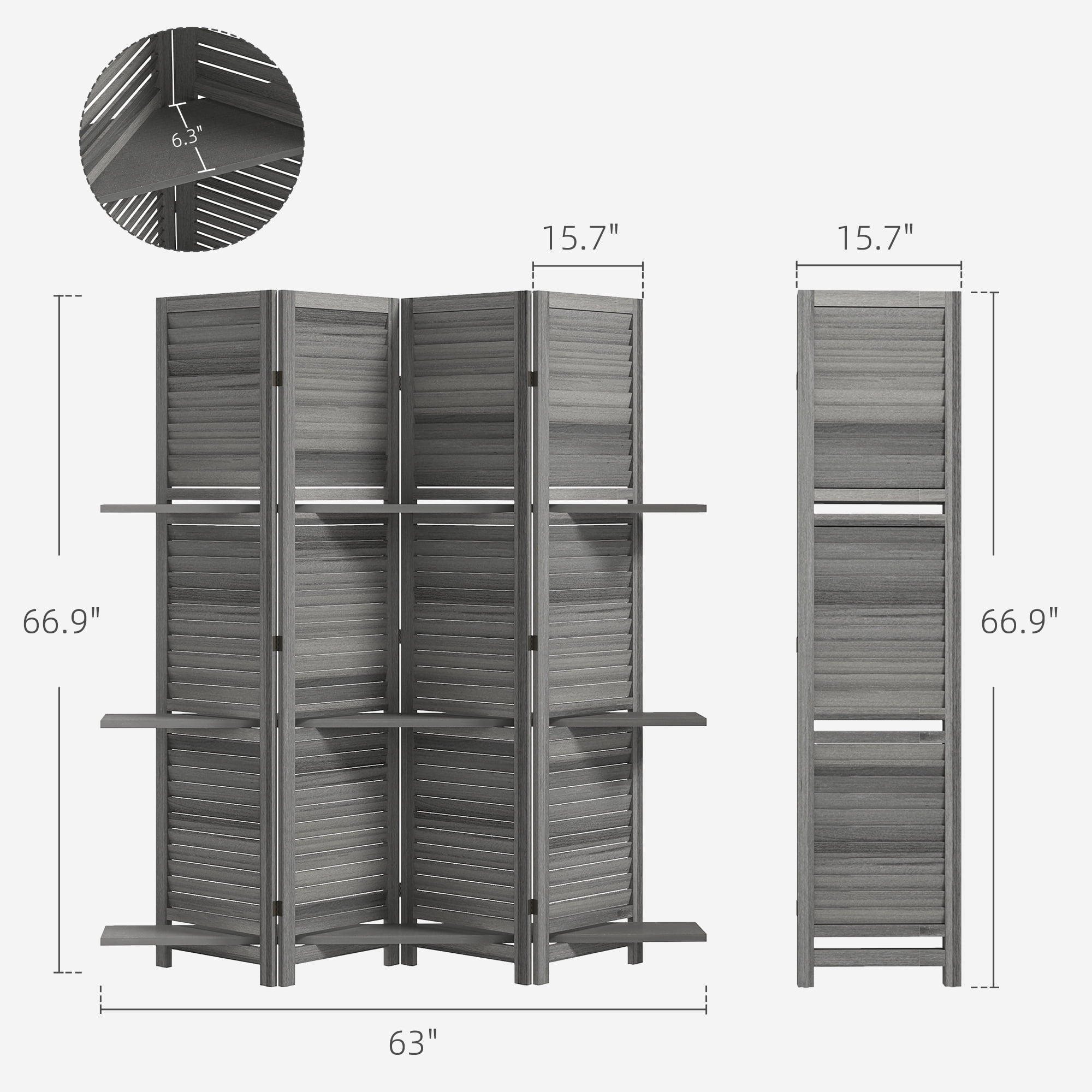HOMCOM 4 Panel Privacy Screen, Room Divider with 3 Shelves Distressed White