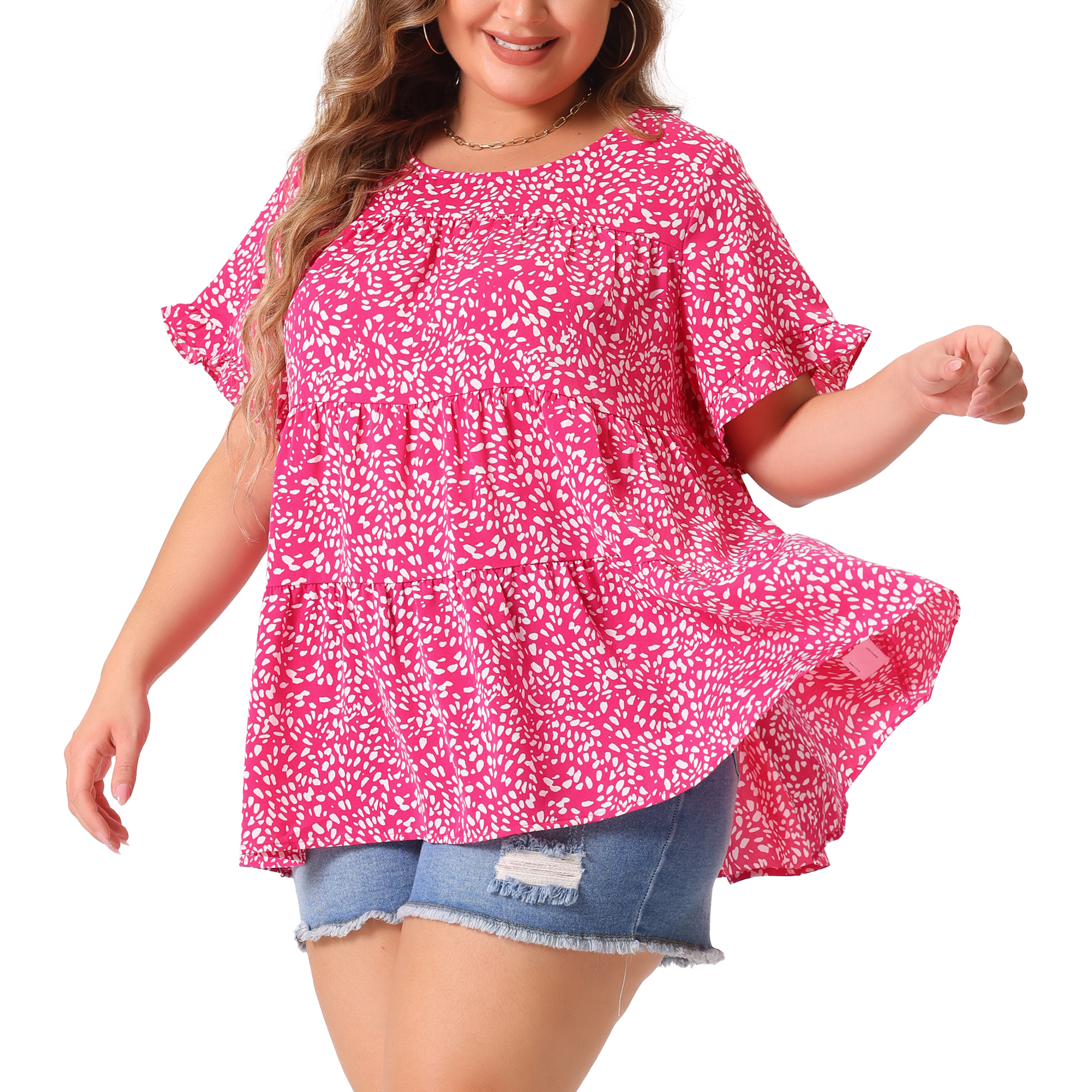 DARING DIVA Women's Plus Polka Dots Ruffle Sleeves Babydoll Tiered Blouse 1X Hot Pink