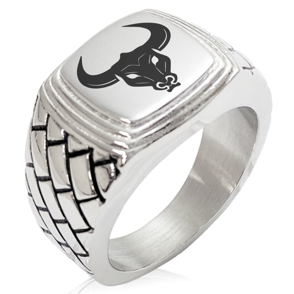Stainless Steel Greek Mythology Minotaur Geometric Pattern Step-Down Biker Style Polished Ring