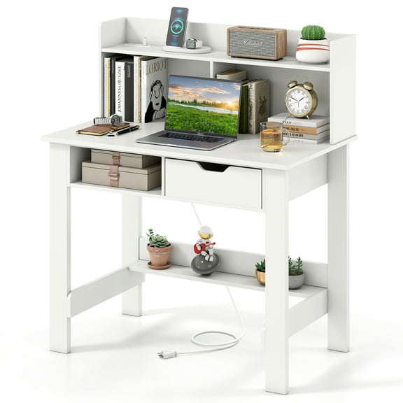 Topbuy Computer Desk with Drawer & Hutch 37.5” Home Office Desk with Built-in Power Outlets