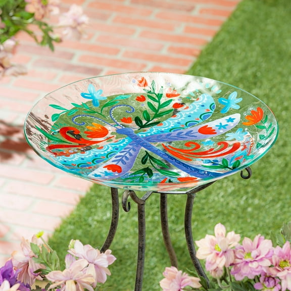 18" Glass Folk Art Bird Bath, Dragonfly