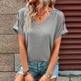 thumbnail image 4 of JUNWELL Simple Solid V-Neck Tee Women Shoulder Button Short Sleeved Tops Female Summer Casual Pullover T-Shirt, 4 of 7