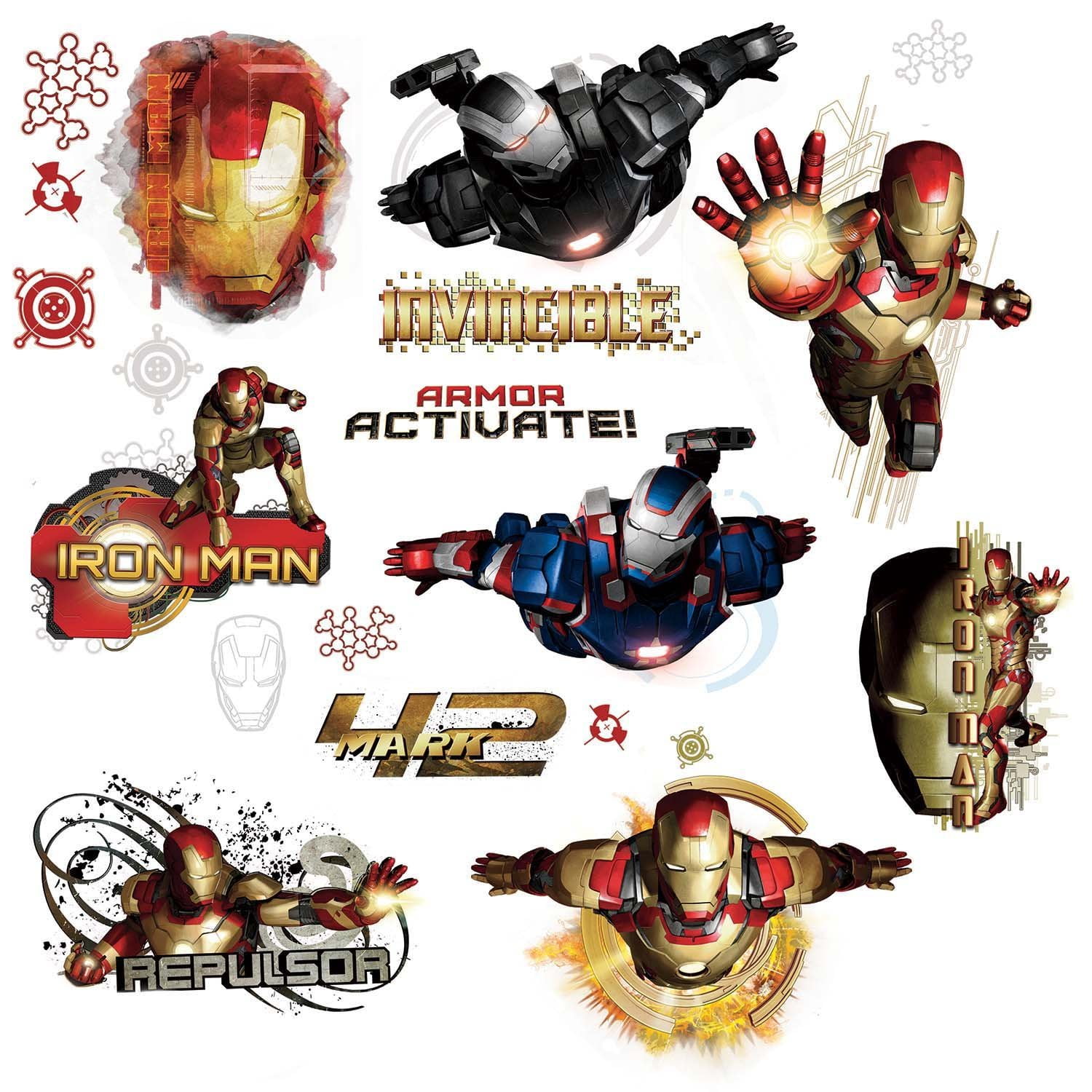 RMK2191SCS Iron Man 3 Edgy Peel and Stick Wall Decals, Comes with 21 decals; Decals range size 1