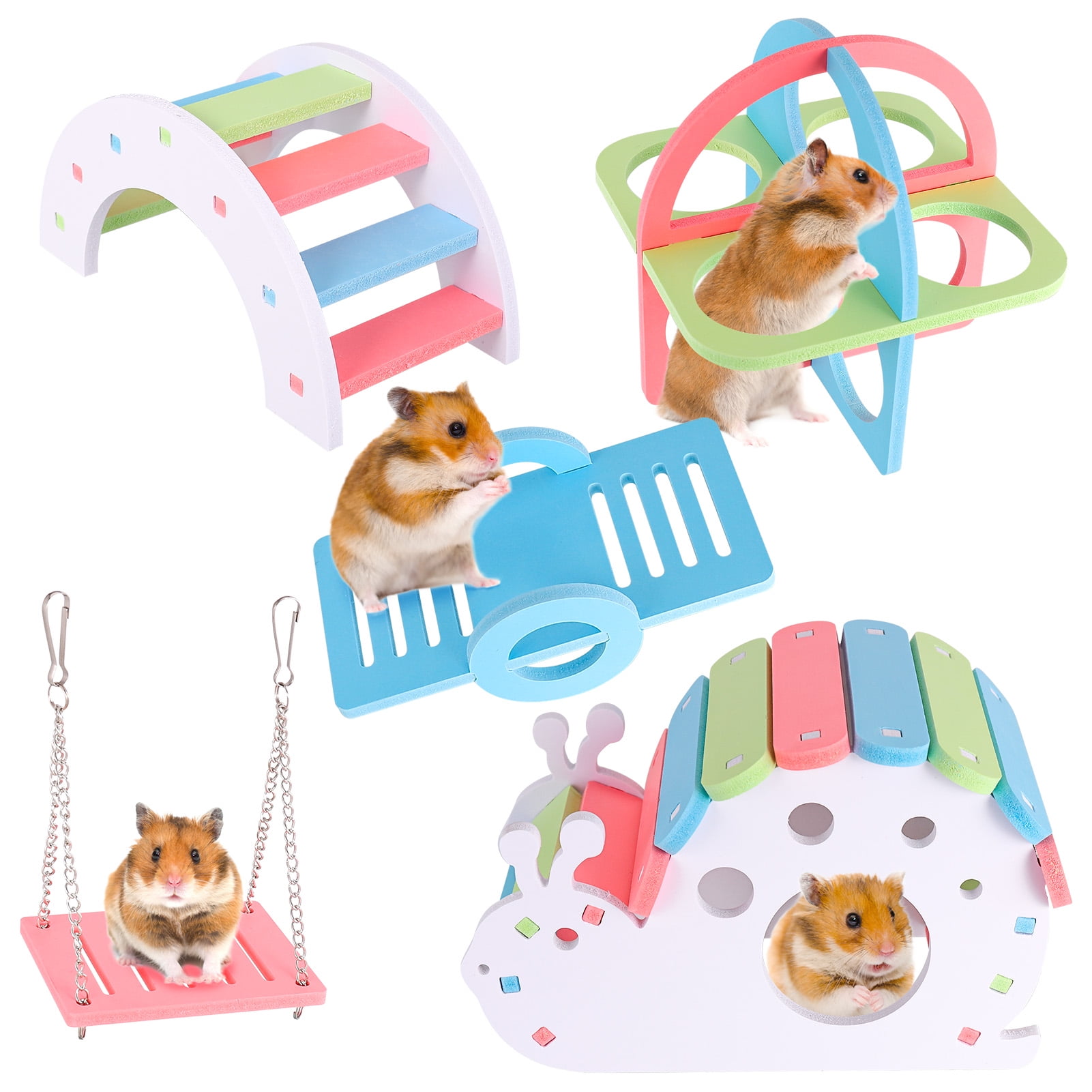 Hamster Swing Toy,Small Pet Pink Wooden Ladder with Rope Swing Bridge Stand Bracket Climbing Steps Stairs for Squirrel Sugar Glider Hamster Parrot