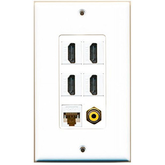RiteAV - 4 Port HDMI 1 RCA Yellow 1 Cat6 Ethernet White Wall Plate Decorative