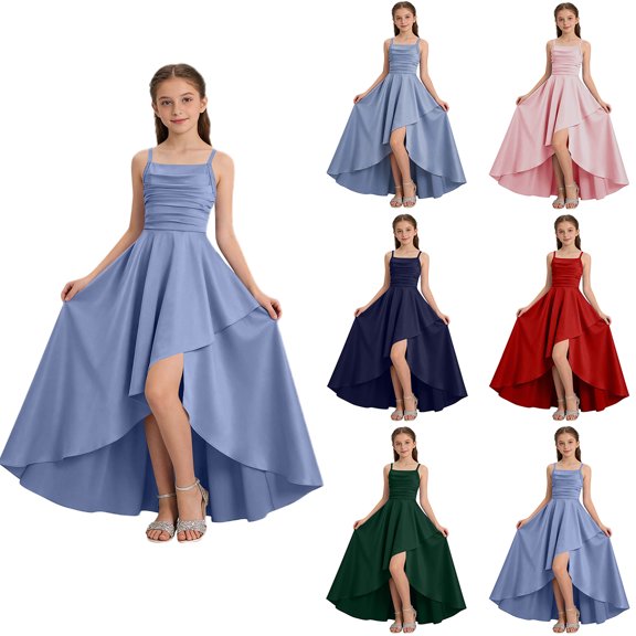 Afuyipoi Girls High Low Formal Dress Size 5-15Y Satin Asymmetrical Hem Gown for Pageant Birthday Party Blue Size 7