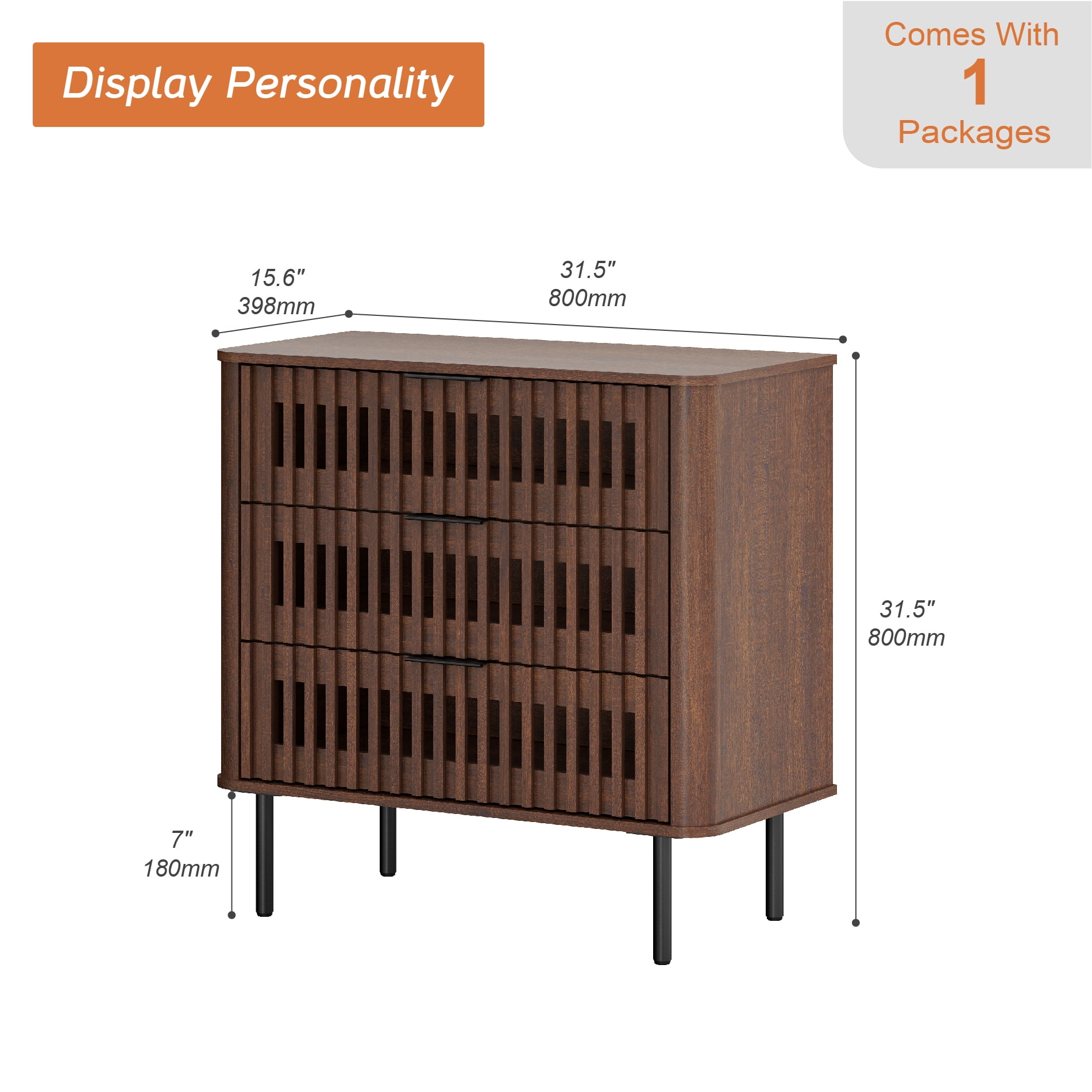 31.5"W Sideboard Buffet Cabinet with Storage, Fluted Kitchen Buffet Storage Cabinet with 3 Drawer, Large Coffee Bar Cabinet, Modern Buffet Table for Dining Living Room, Walnut