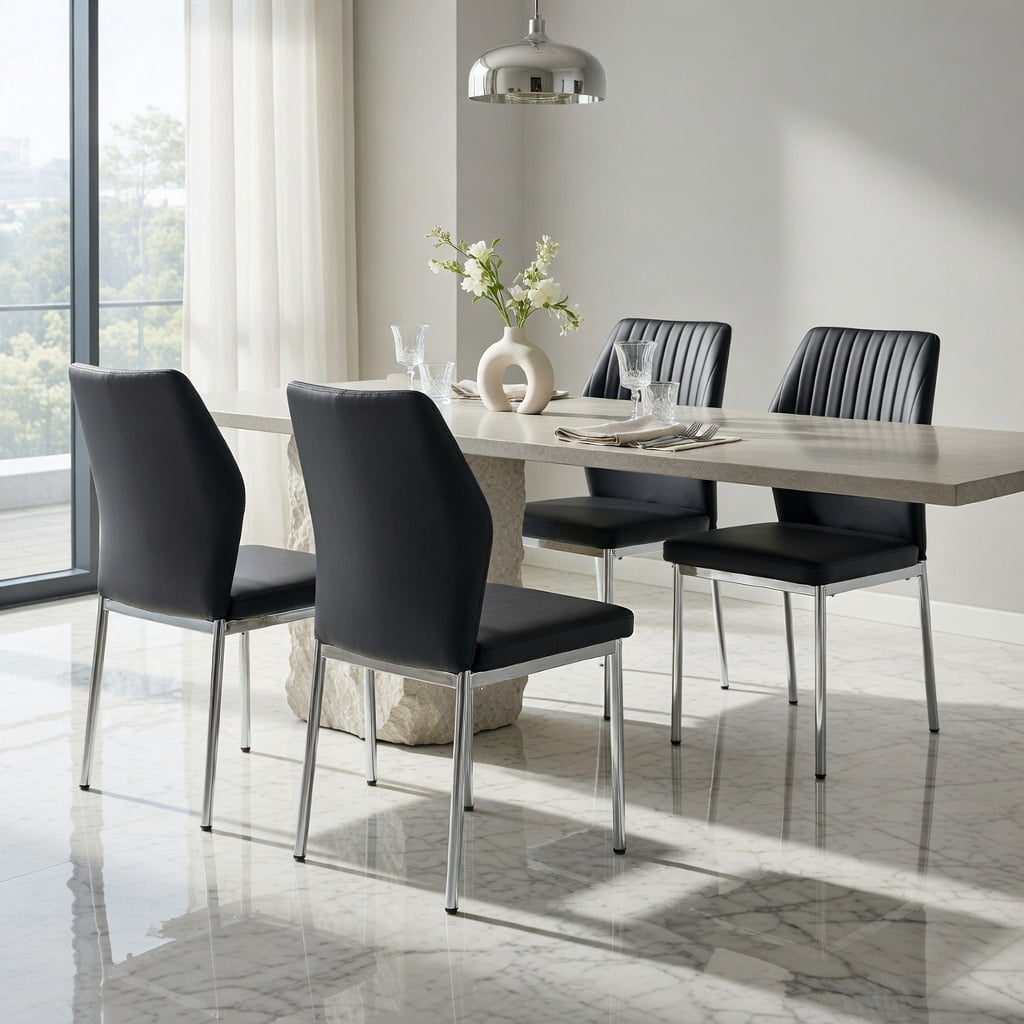 Hommoo 4-Pack Modern & Silver PU Dining Chairs, Ergonomic 36.7 in Height, High-Density Foam Cushion, Light Luxury Design for Dining Room, Office & Commercial Spaces, Black