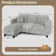 Walsunny 76.4 Convertible Sectional Sofa, L Shaped Sectional Sofa with Side Pocket, 3 Seat Sofa Couch with Storage Ottoman for Small Living Room, Apartment, Bedroom, Light Gray