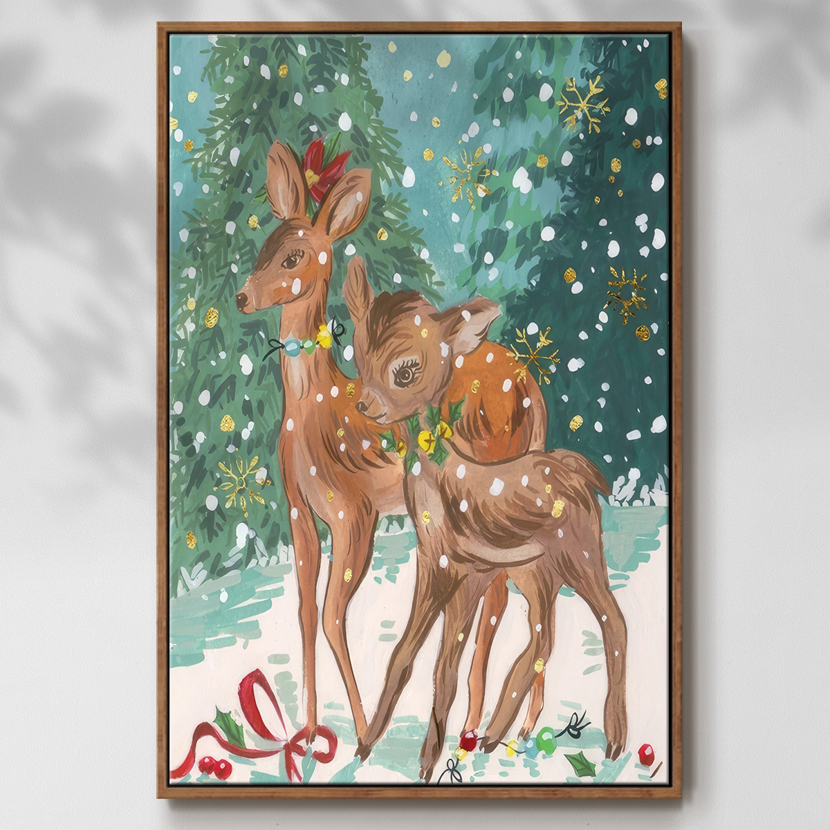 Doe and Fawn I - Framed Gallery Wrapped Holiday Canvas - 17 x 25 - Rosewood Frame