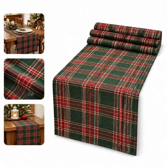 Christmas Table Runner, Red and Green Christmas Plaid Linen Table Runner for Dining Room, Holiday Party Decor for Coffee Table and Console