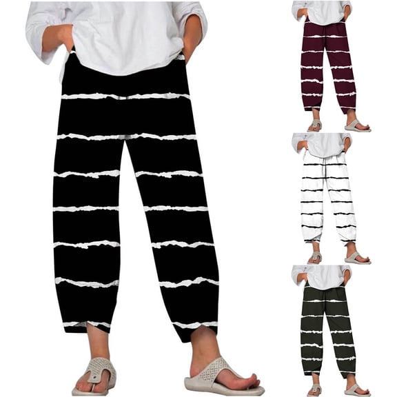 Nuoqisi Casual Pants for Women Summer Floral Boho Lightweight Elastic High Waist Capri Pants with Pockets